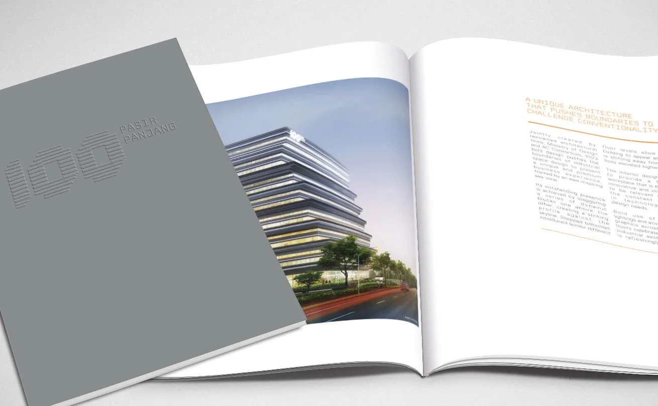Open 100 Pasir Panjang property brochure showing the building visual and editorial layout