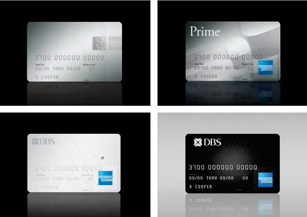 Four American Express card-face concepts, including Prime and two DBS co-branded directions