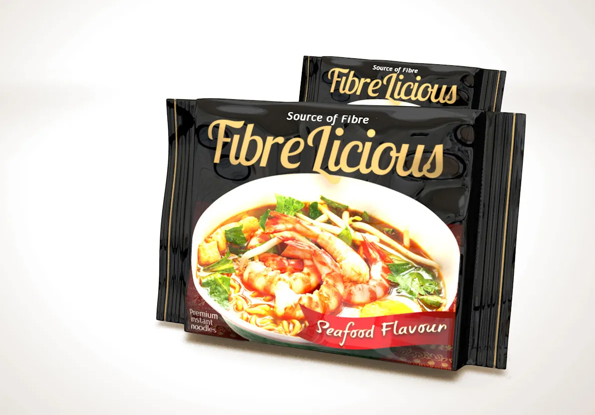 BENEO Fibrelicious seafood noodle packaging concept in a black single-serve pouch