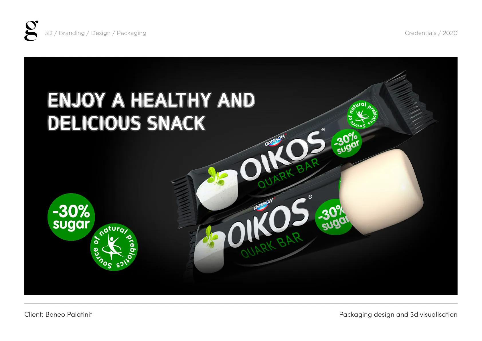 BENEO Oikos snack-bar concept with a black, white and green packaging system