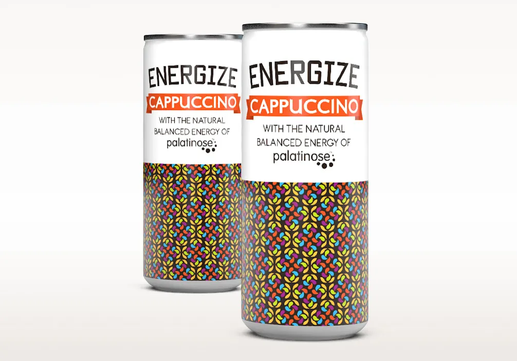 BENEO Energize cappuccino nutrition supplement cans with typographic labels