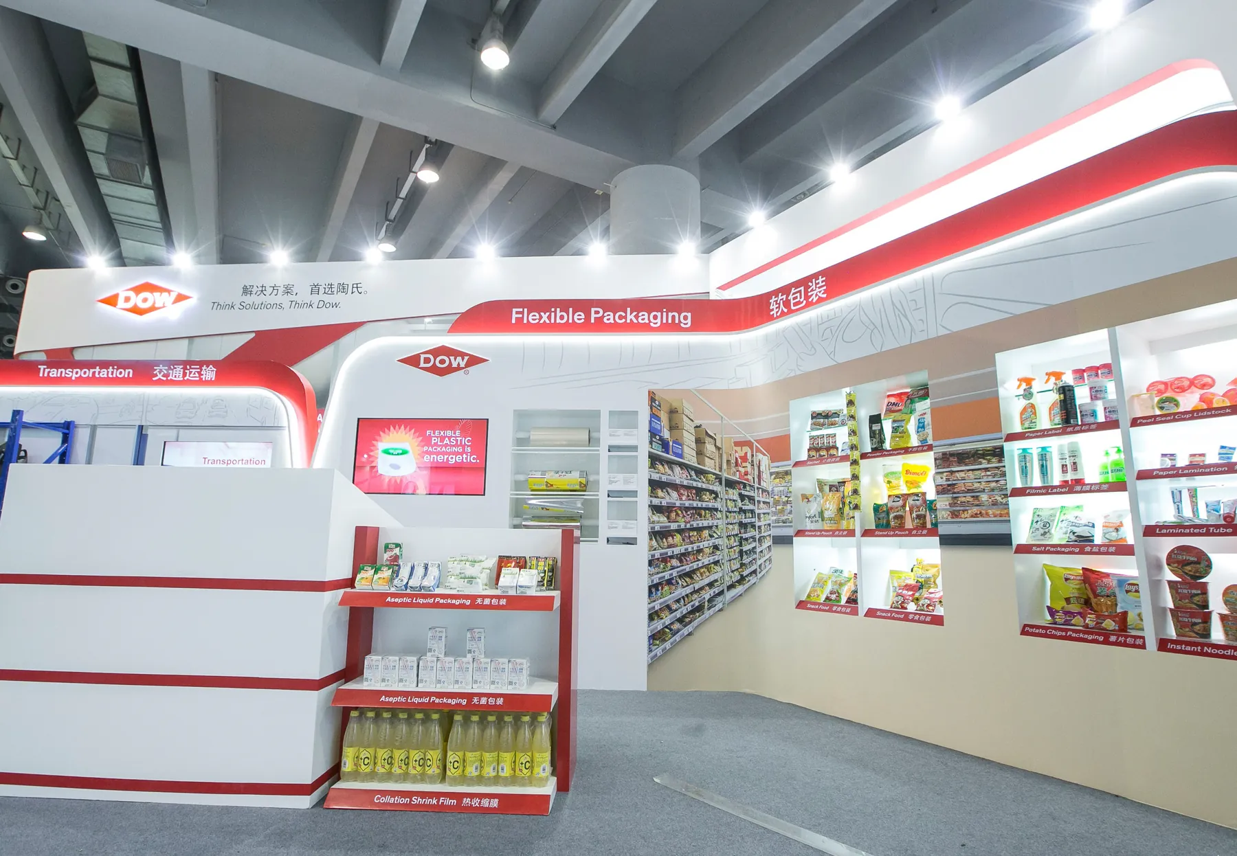 Dow ChinaPlas Flexible Packaging zone organised around a supermarket-style product display