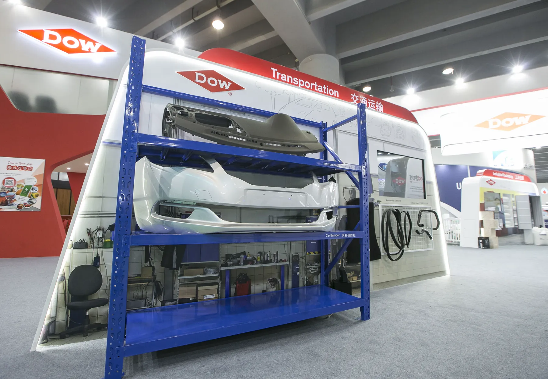 Dow ChinaPlas Transportation zone featuring full-scale vehicle component displays
