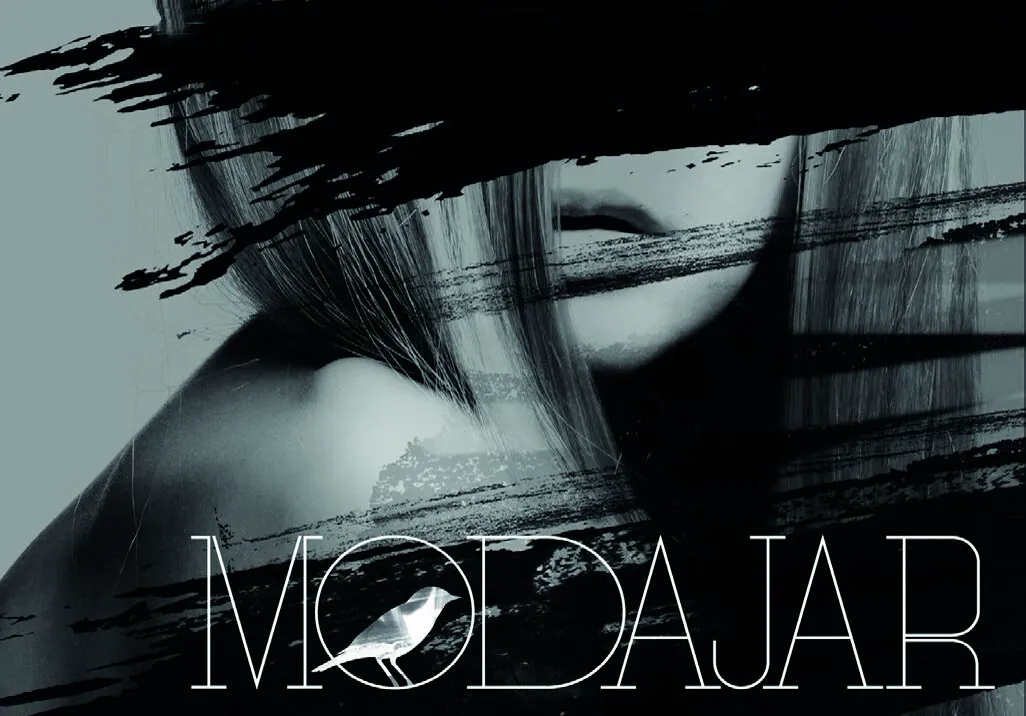 Modajar wordmark and bird symbol over black-and-white fashion photography
