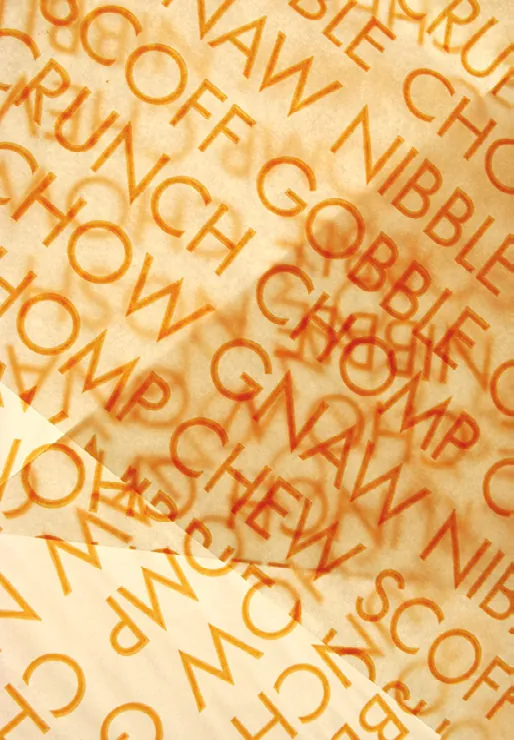 Orange MUNCH typographic pattern built from repeated food words