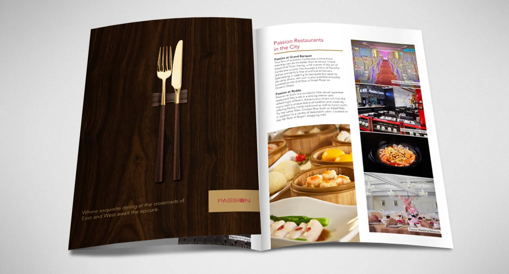 Passion by Fu Lin Men restaurant brochure with food photography and dark wood cover