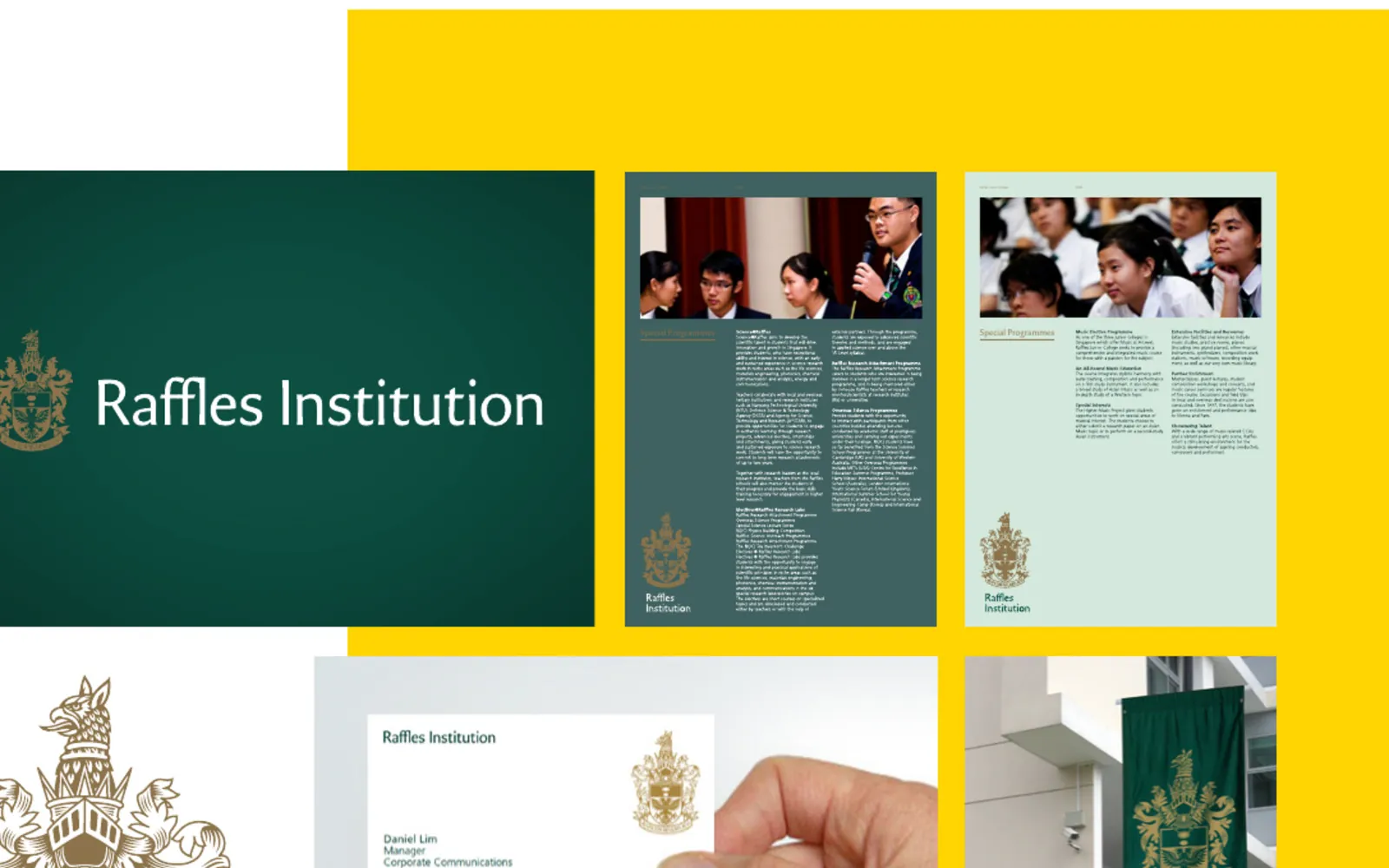 Raffles Institution identity system across editorial, stationery and environmental applications