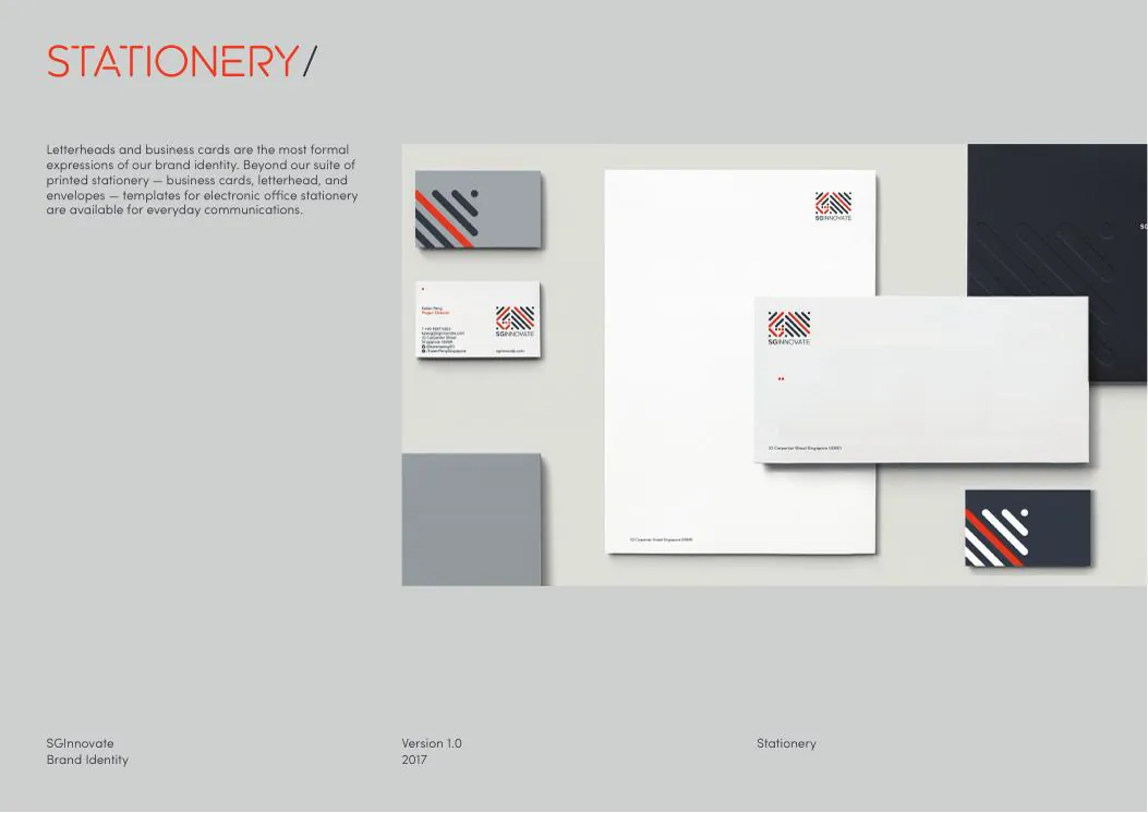 SGInnovate stationery system across business cards, letterhead and envelopes