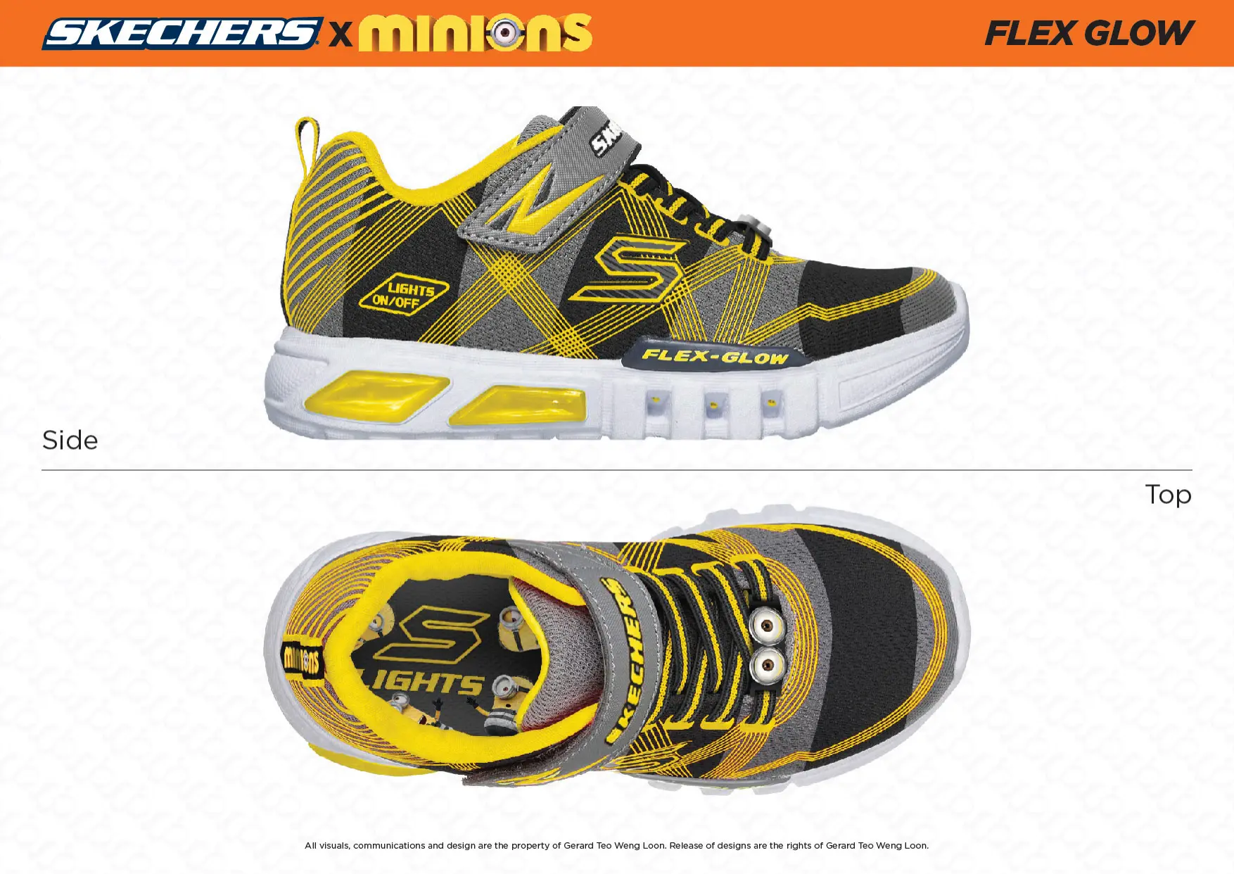 Skechers x Minions Flex Glow shoe concept shown from side and top views