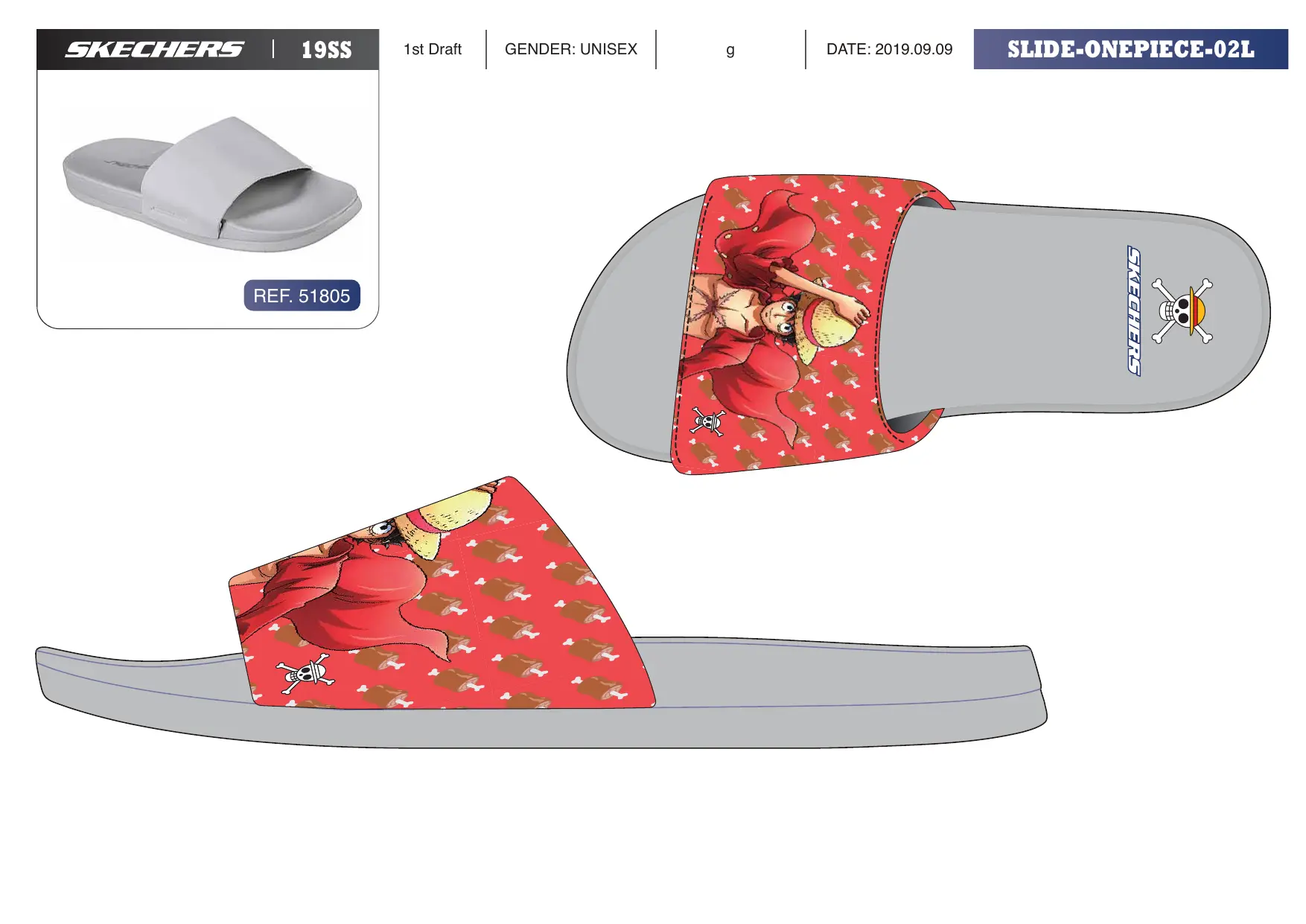 Skechers One Piece slide sandal concept with illustrated red footbed graphics