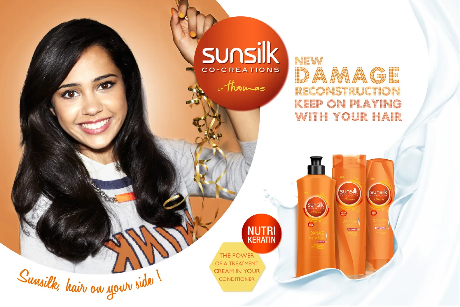 Sunsilk Damage Reconstruction campaign with the orange haircare range and model