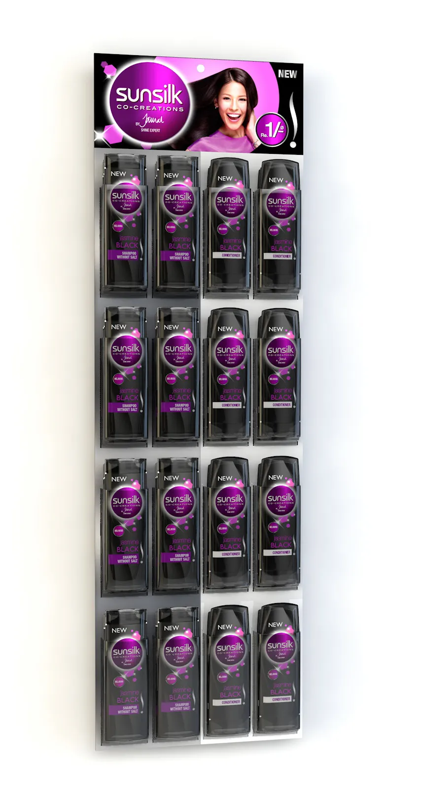 Sunsilk retail display for the purple shampoo and conditioner range