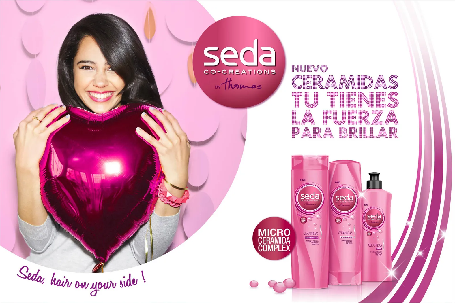 Seda Ceramidas campaign showing the pink haircare range and retail display