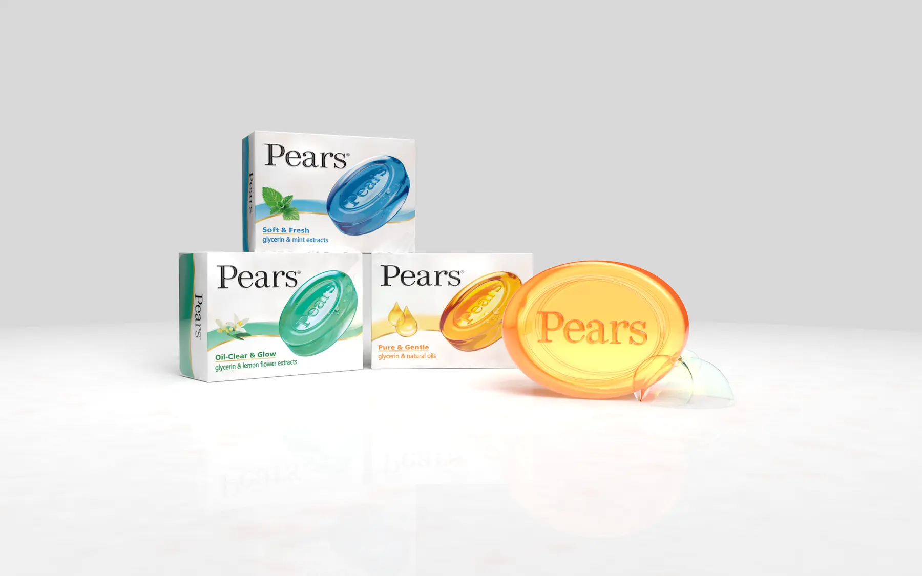 Pears soap range concept with green, blue and orange translucent packs