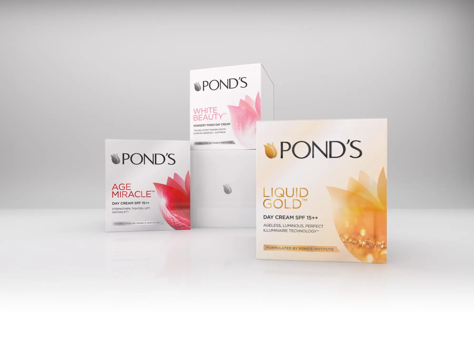 Pond's skincare range concept with white packs and orange product coding